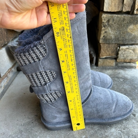 BearPaw winter Clara leather knit pull on buckle strap Grey Fog boots Sz-7. J - Picture 11 of 11